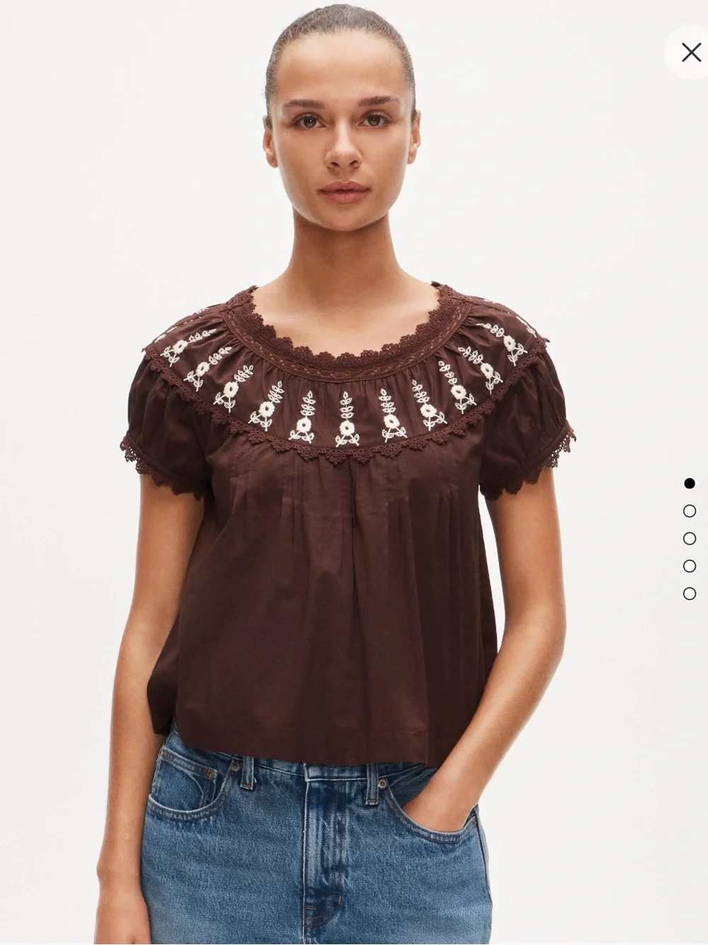 J. Crew Brown Embroidered Yoke Cap-Sleeve Top